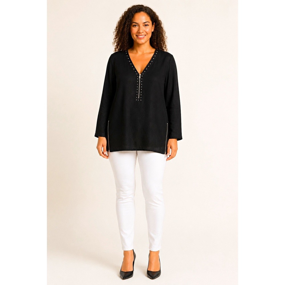 1X- Michael Kors Women's XL Black 100% Linen Rhinestone Zip Tunic Blouse
